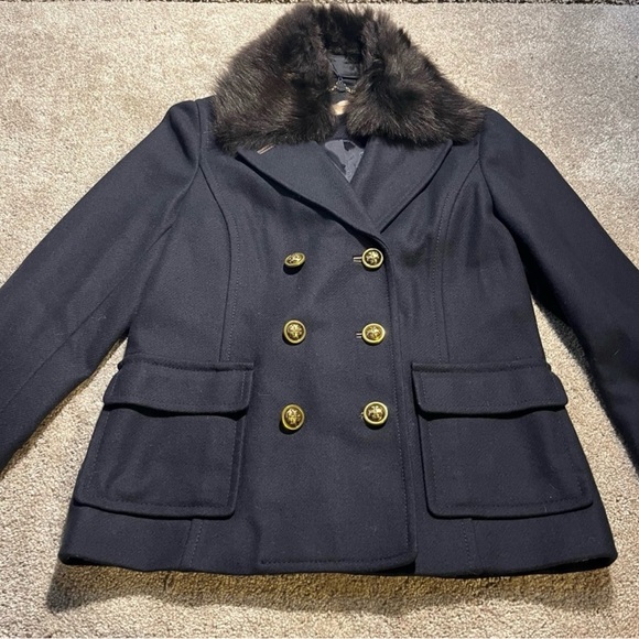 Tory Burch Alexandre Peat Coat Style Navy Genuine Fur Collar EXQUISITE! - Picture 2 of 12